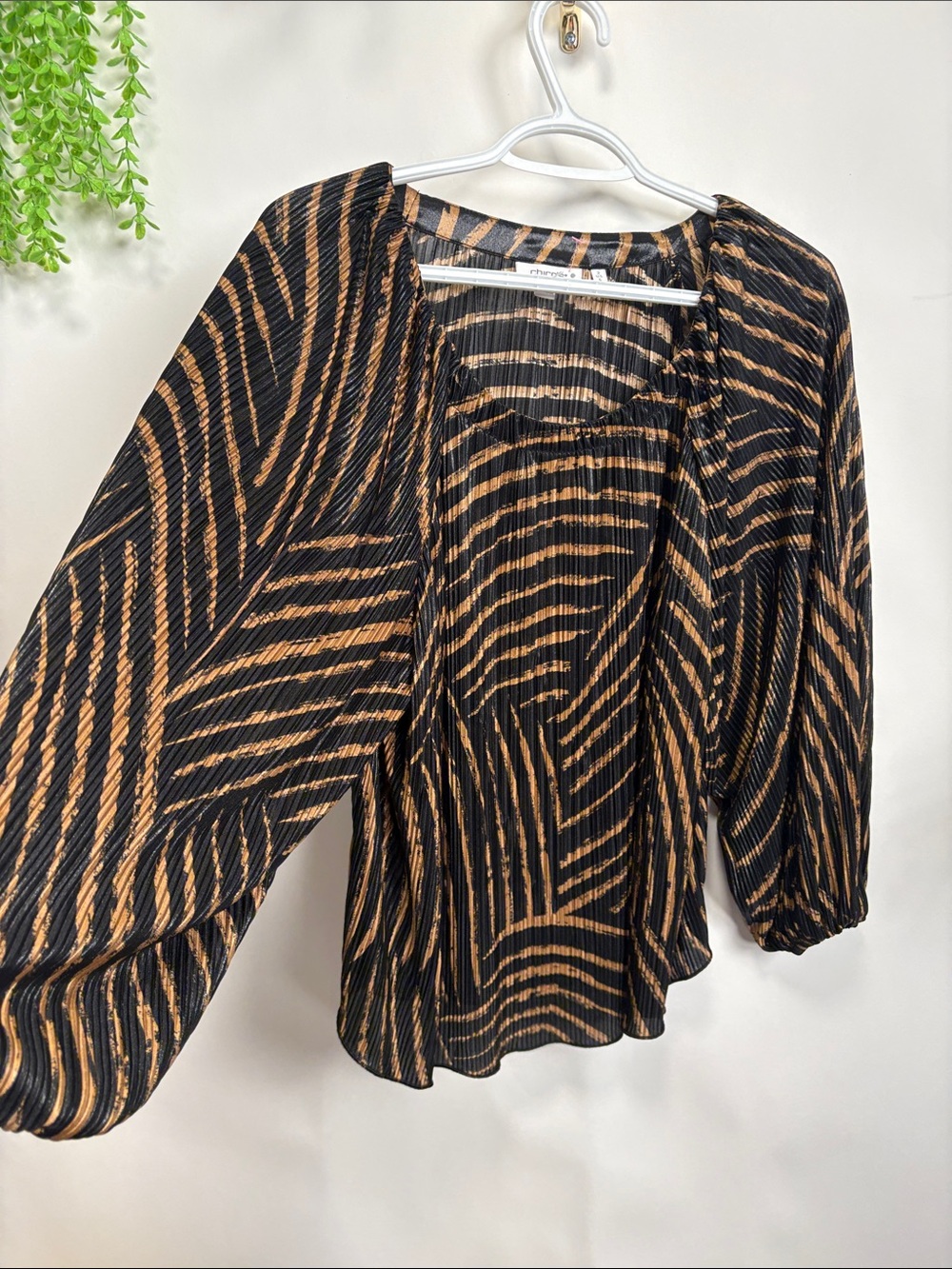 Chico's Black and Tan Zebra-Print Puff Sleeve Blouse